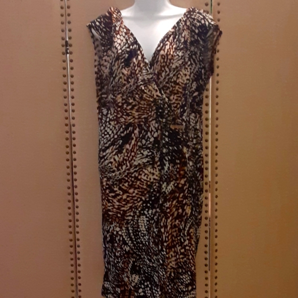 Jones of New York size 16 animal print Brown white gold Faux Wrap dress Femmine